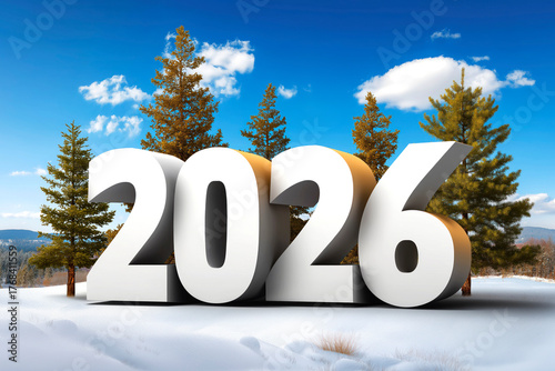 Large 2026 numbers in snowy landscape with evergreen trees and blue sky