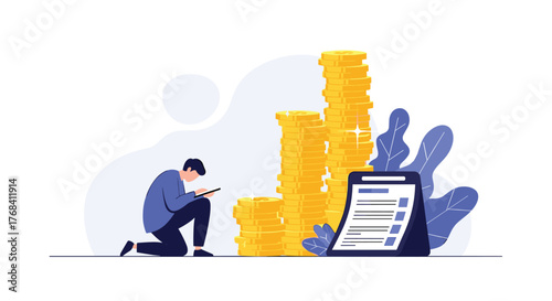 A person kneels while looking at a tablet, with stacks of gold coins and a checklist in the background.