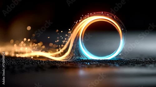 Glowing abstract loop of light particles igniting and swirling on textured dark ground