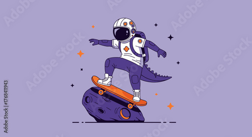 An astronaut with a dinosaur tail skateboarding on a moon rock against a space backdrop