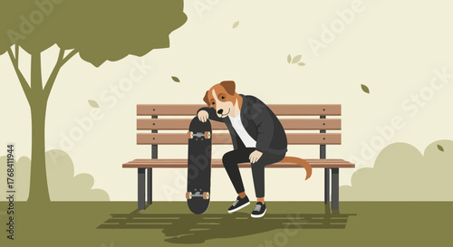 Anthropomorphic Jack Russell Terrier Resting on Bench with Skateboard in Park Setting