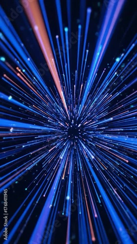 Abstract perspective of radial blue and orange light streaks emanating from a dark center