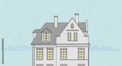 Architectural illustration of a building facade against a light blue sky backdrop