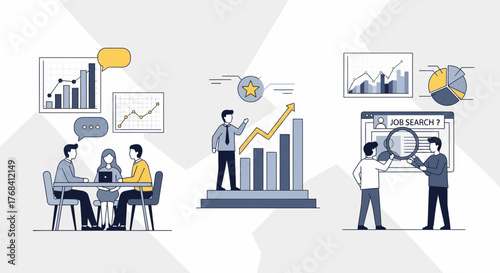 Business growth and career development concepts featuring people graphs and data analysis