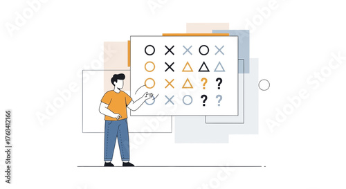 Business professional presenting complex problem-solving model on screen display
