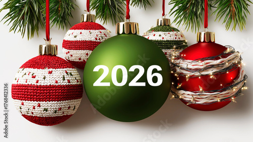 Colorful Christmas ornaments with green ball displaying 2026 year