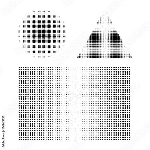 Abstract geometric shapes created with halftone dots including a circle triangle and two different square patterns on a white background