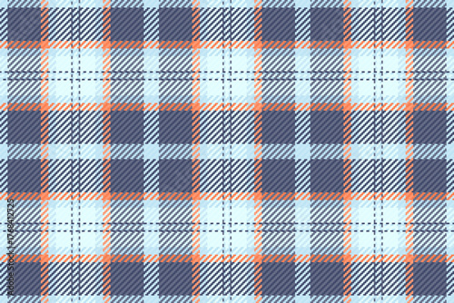 Classic tartan pattern in soft blue, grey, and orange. Ideal for backgrounds, textiles, or designs requiring a cozy and traditional aesthetic. Versatile texture
