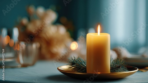 Close-up of a single orange candle on a gold plate. the candle is lit and the flame is visible.