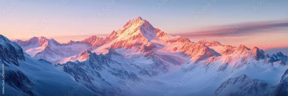 Fototapeta premium A breathtaking mountain landscape with snow-capped peaks illuminated by soft morning light, showcasing dramatic elevations and serene beauty.