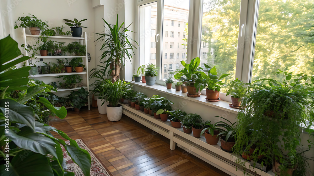 Fototapeta premium Sunlit balcony filled with lush green houseplants on shelves and windowsill