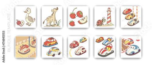 Cute doodle illustration set with animals, fruits, cars, and lighthouse in cartoon style
