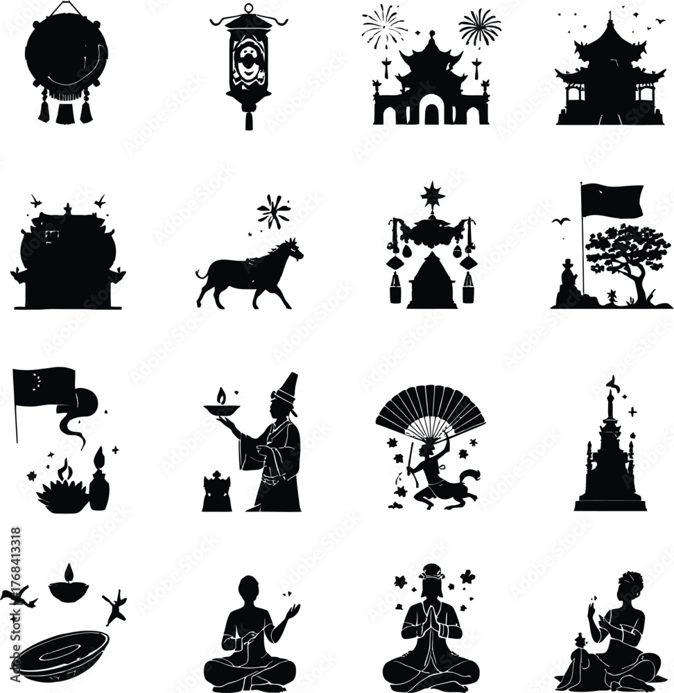 Fototapeta premium Collection of sixteen black silhouette icons featuring cultural and spiritual symbols and figures