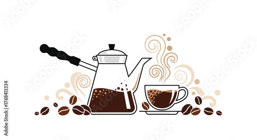 Illustration of a glass coffee pot and a cup of coffee with beans and steam.