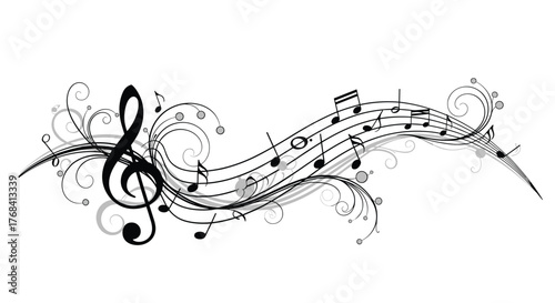 Abstract musical notes and staffs with decorative swirls and floral elements.