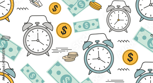Seamless pattern of alarm clocks and currency, representing time and money.