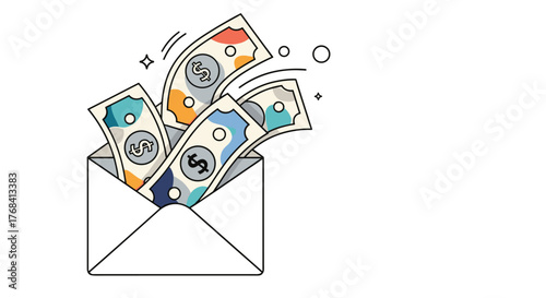 Envelope overflowing with colorful stylized dollar bills, representing financial gain or savings.