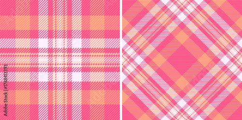 Two seamless patterns. Pink, orange and white textile design. Checks and diagonal lines form the traditional plaid. Use for fashion, home decor or backgrounds.