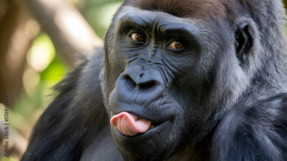 Obraz premium Closeup portrait of a gorilla with its tongue sticking out, capturing a moment of playful expression in its natural habitat