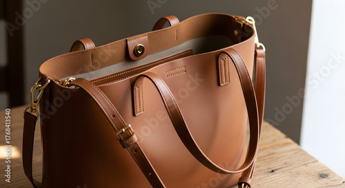 Close-up of a stylish brown leather tote bag on a wooden table