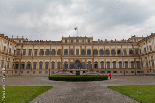 Monza, Italy - May 29, 2024: Royal Palace (Villa Reale), 18th century, facade under a cloudy sky in a spring afternoon