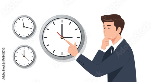 Cartoon businessman pondering over different time zones represented by clock displays