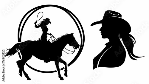 Dynamic cowgirl silhouette riding horse with lasso, alongside graceful woman's profile in western hat, evoking rural charm and timeless adventure