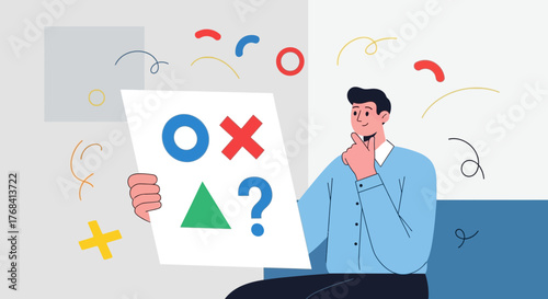 Cartoon character pondering complex choices represented by geometric symbols and shapes