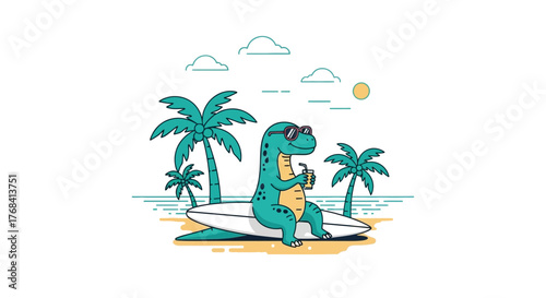 Cartoon dinosaur relaxing on surfboard at tropical beach with palms and sun wearing sunglasses