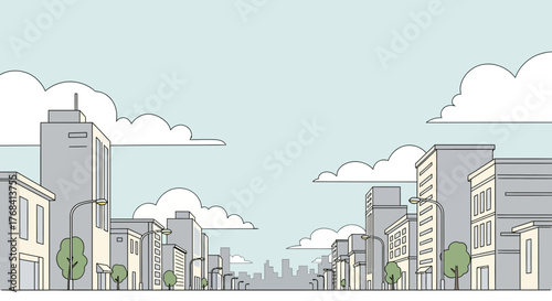 Cartoon Cityscape Perspective with Buildings, Clouds, and Clear Sky Illustration
