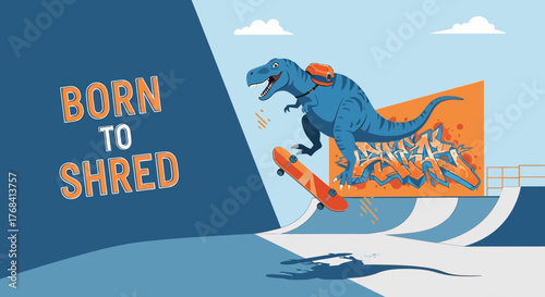 Cartoon dinosaur skateboarding in skatepark with the inscription Born to Shred fun illustration