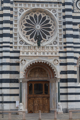 Monza, Italy - May, 22, 2024: Cathedral (Duomo, Basilica di San Giovanni Battista), architecture details, in Monza, Lombardy, Northern Italy