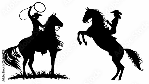 Dynamic silhouette of cowboys and cowgirls riding horses, embodying freedom and strength, perfect for western themes and adventurous designs with a vintage flair