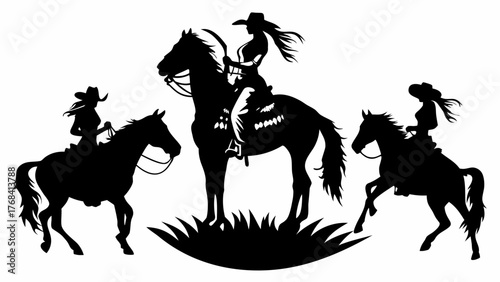 Dynamic silhouette of cowgirls riding horses, evoking freedom and western spirit, perfect for adventure themes and independent woman concepts in travel and design