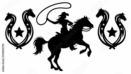 Dynamic silhouette of a cowgirl riding a rearing horse with a lasso, flanked by horseshoe emblems, evokes the spirit of the American West and rodeo adventure