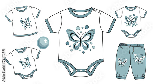 Baby clothes set with butterfly motifs and blue trim.
