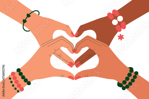 Four hands of different skin tones form a heart shape, symbolizing unity and love.