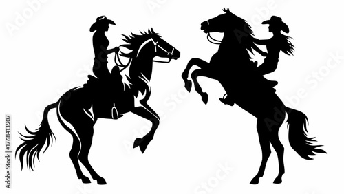 Dynamic cowboy silhouette artwork featuring two horses and riders in Western style, perfect for logos, branding, or creative projects evoking freedom and adventure