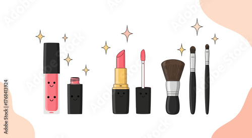 Cartoon makeup items with happy faces for beauty and fashion illustrations background