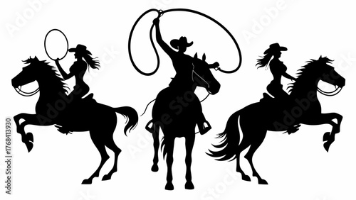 Wild west silhouettes of cowboys and cowgirls on horseback, rodeo action, embodying freedom and adventure with this iconic western lifestyle scene