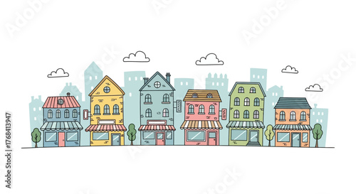 Cartoon street with cute buildings in pastel colors forming a charming cityscape view