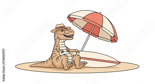 Cartoon Tyrannosaurus Rex Enjoying a Beach Vacation with Surfboard and Umbrella