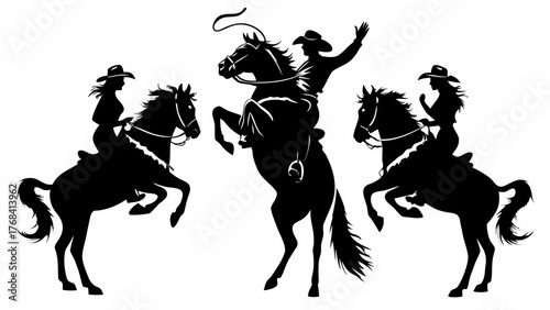 Dynamic cowboy and cowgirl silhouettes riding horses, capturing the thrill of the Wild West in a classic and timeless design perfect for vintage projects