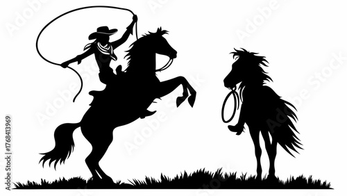 Dynamic silhouette of a cowboy riding a rearing horse, lasso in hand, capturing the spirit of the Wild West with a touch of vintage charm and timeless appeal