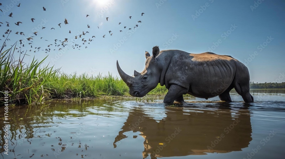 Fototapeta premium A one-horned rhinoceros walking through the Kaziranga wetlands