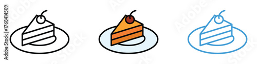 Cake Slice with Cherry on Plate line icon set. bakery menus and sweet treat promotion symbol. vector illustration.