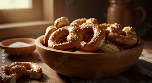 Freshly Baked Pretzels in Wooden Bowl with Salt and Jug on Wooden Table