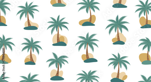 Seamless pattern of cartoon palm trees on sandy islands with abstract shapes.