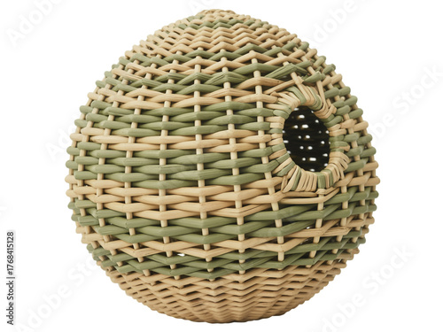 A spherical birdhouse made of woven natural straw in a two-tone pattern.