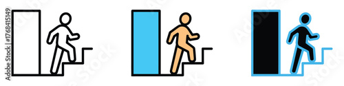 Person walking up stairs from door icon set. progress, ambition, and career growth symbol. vector illustration.